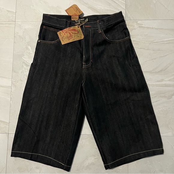 Raw Blue Denim Y2K Baggy Shorts Jorts Cyber Wings Affliction 32 - Picture 6 of 9